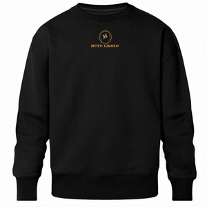 Pull noir MUTU LIKOLO Collection Résilience – Sweat bio unisexe logo doré – Mode éthique et haut de gamme. 