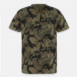 Dos du T-shirt camouflage bio unisexe Mutu Likolo – Collection Résilience – imprimé camouflage kaki avec logo marron Mutu Likolo, coton biologique certifié GOTS.
