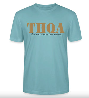 "T-shirt THQA Bio Unisexe bleu – Collection Résilience – L’Essence de Mutu Likolo (Atako Nini)" 