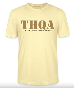 T-shirt bio unisexe THQA jaune – Tête Haute Quoiqu’il Arrive – Collection Résilience Mutu Likolo