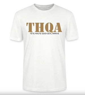 T-shirt blanc bio unisexe THQA – Tête Haute Quoiqu’il Arrive – Collection Résilience Mutu Likolo

